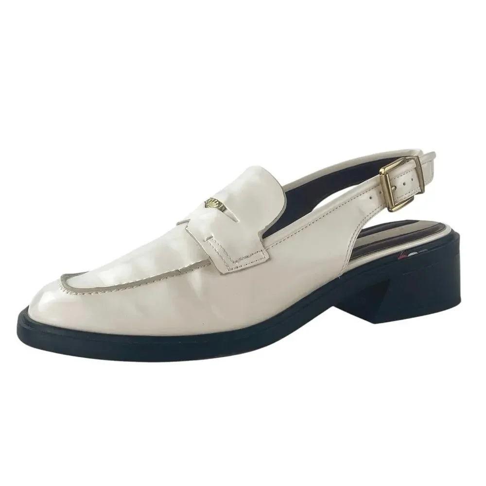 Franco Sarto Giada Cream White Leather Slingback Buckle Loafer Heels Shoes Sz 9M